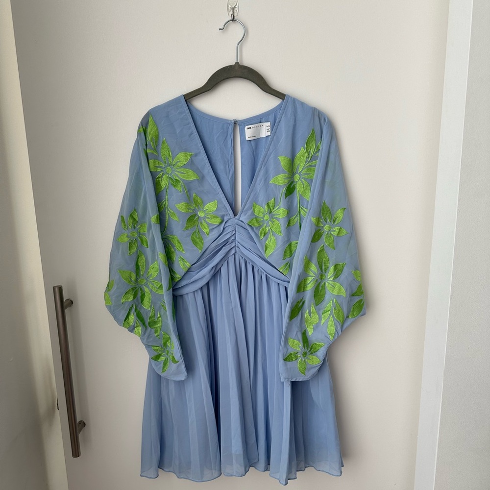 ASOS blue dress with green embroidery